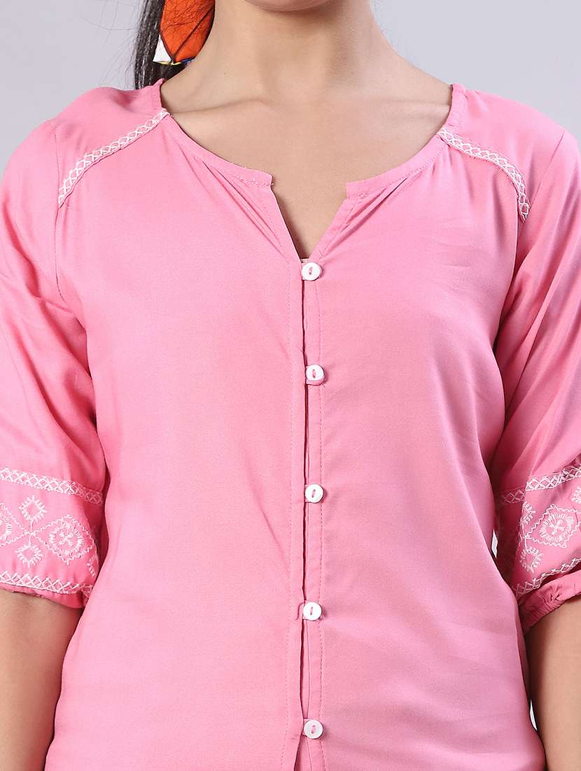 women solid with work three quarter sleeve a-line kurti - 22042680 -  Standard Image - 5