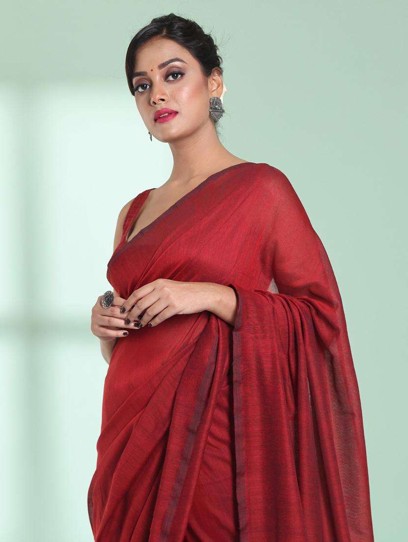 women solid handloom saree with blouse - 22042750 -  Standard Image - 3