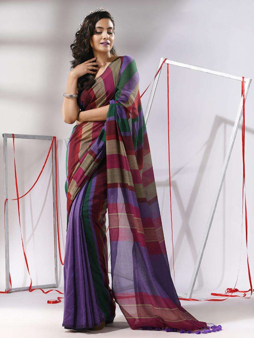 women striped handloom saree with blouse