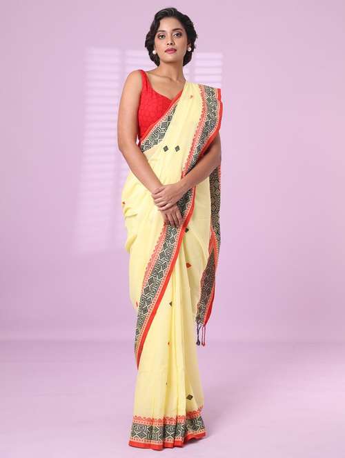 yellow cotton handloom saree with blouse - 22042787 - Standard Image - 0