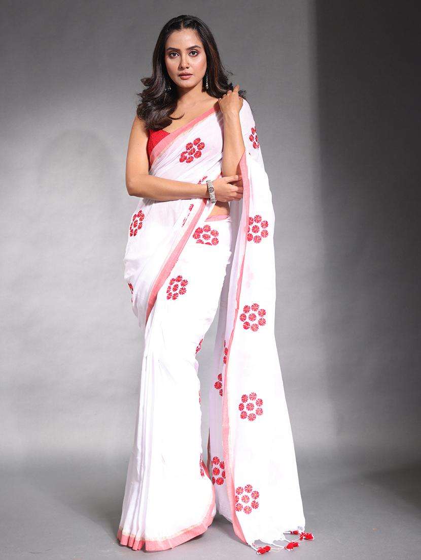 women solid with work embroidered saree with blouse