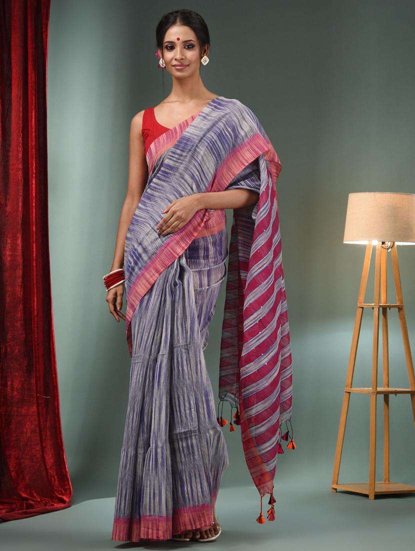 women solid with striped pallu handloom saree with blouse
