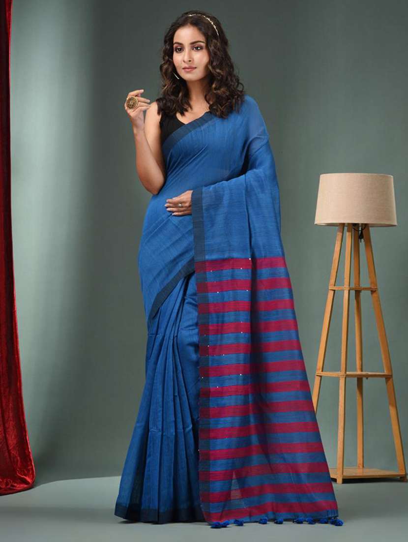 women solid with striped pallu handloom saree with blouse
