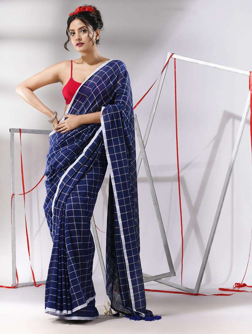 women checkered handloom saree with blouse