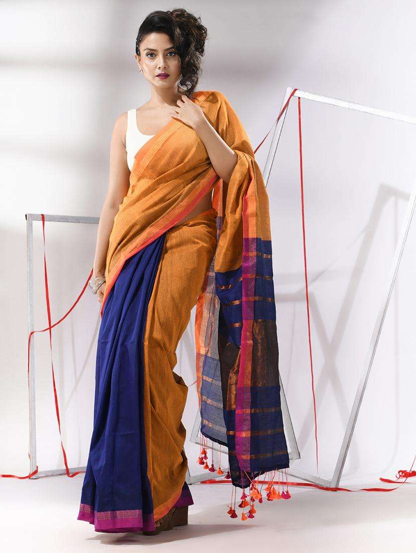 women color block handloom saree with blouse