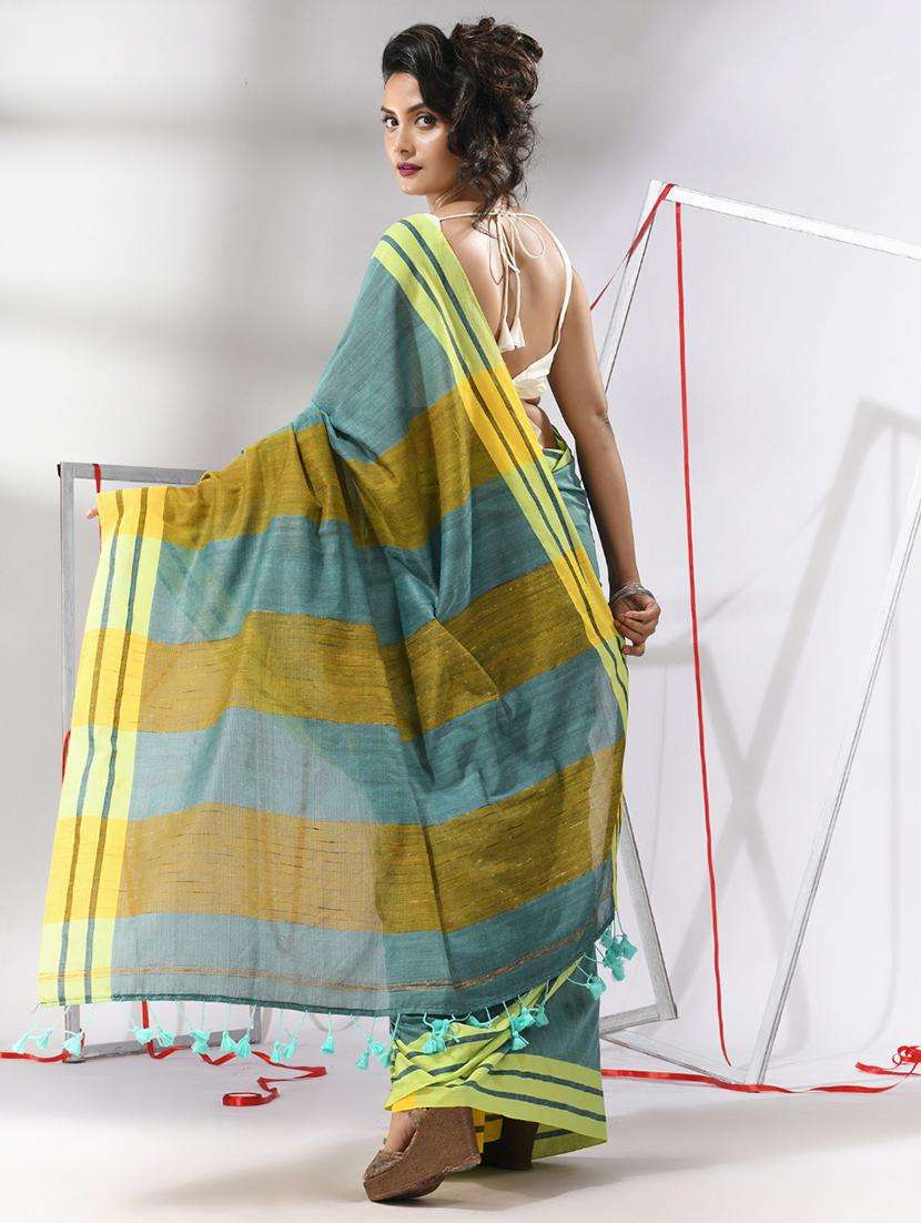 women teal handloom saree with blouse - 22043285 -  Standard Image - 3