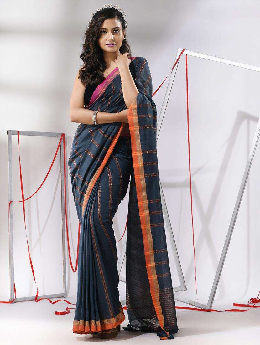 women striped handloom saree with blouse