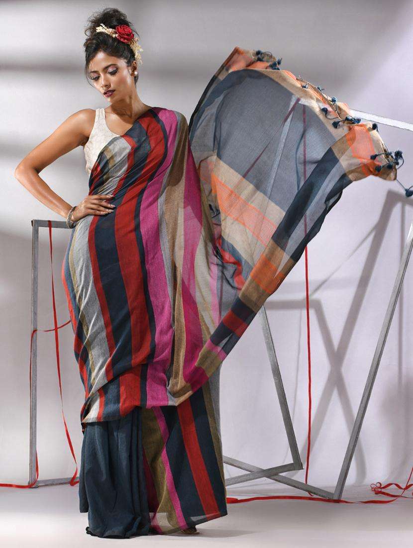 women color block handloom saree with blouse