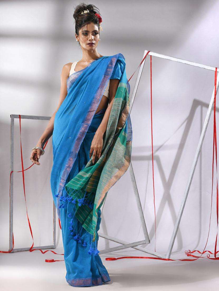women blue handloom saree with blouse