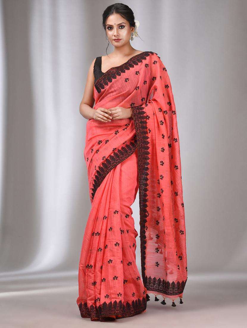 women solid with work bordered saree with blouse