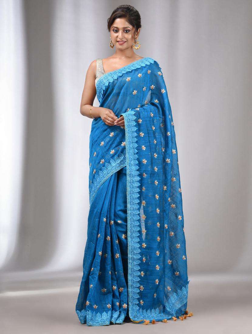 women solid with work bordered saree with blouse