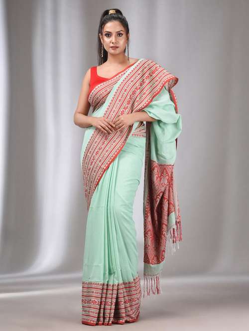 green cotton chettinad saree with blouse - 22043449 -  Standard Image - 0