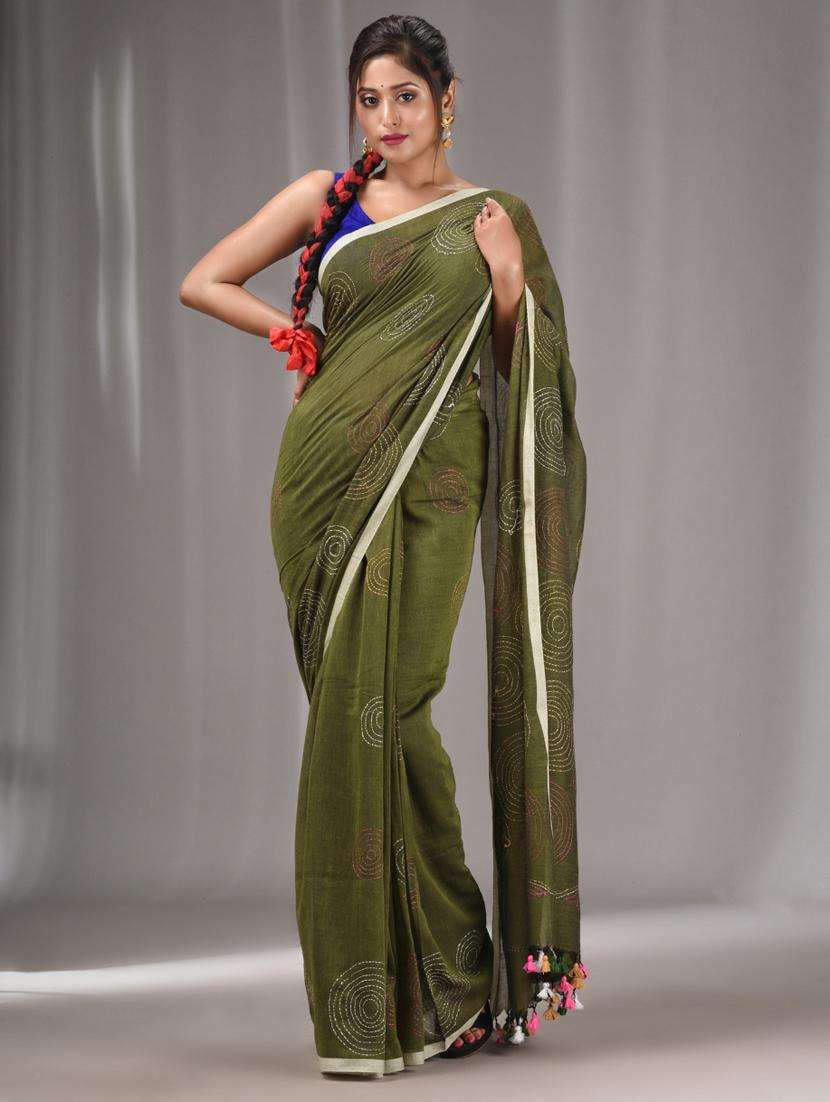 women solid with work handloom saree with blouse