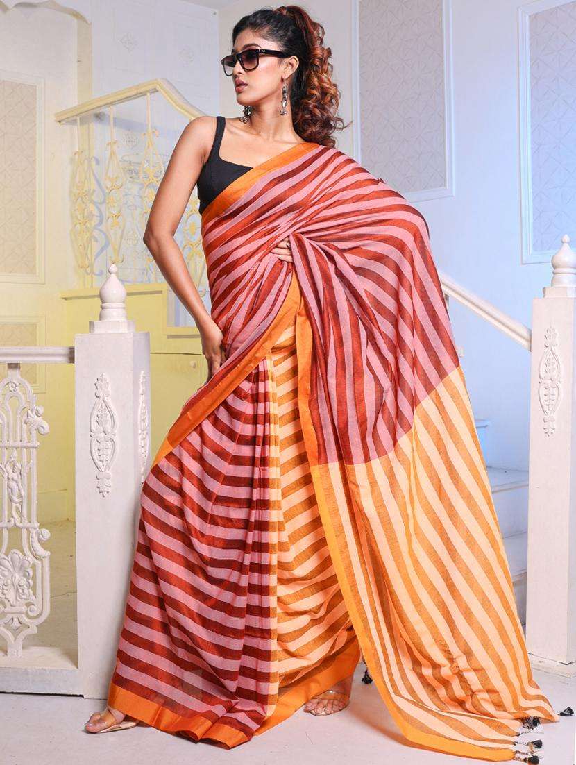 women striped handloom saree with blouse