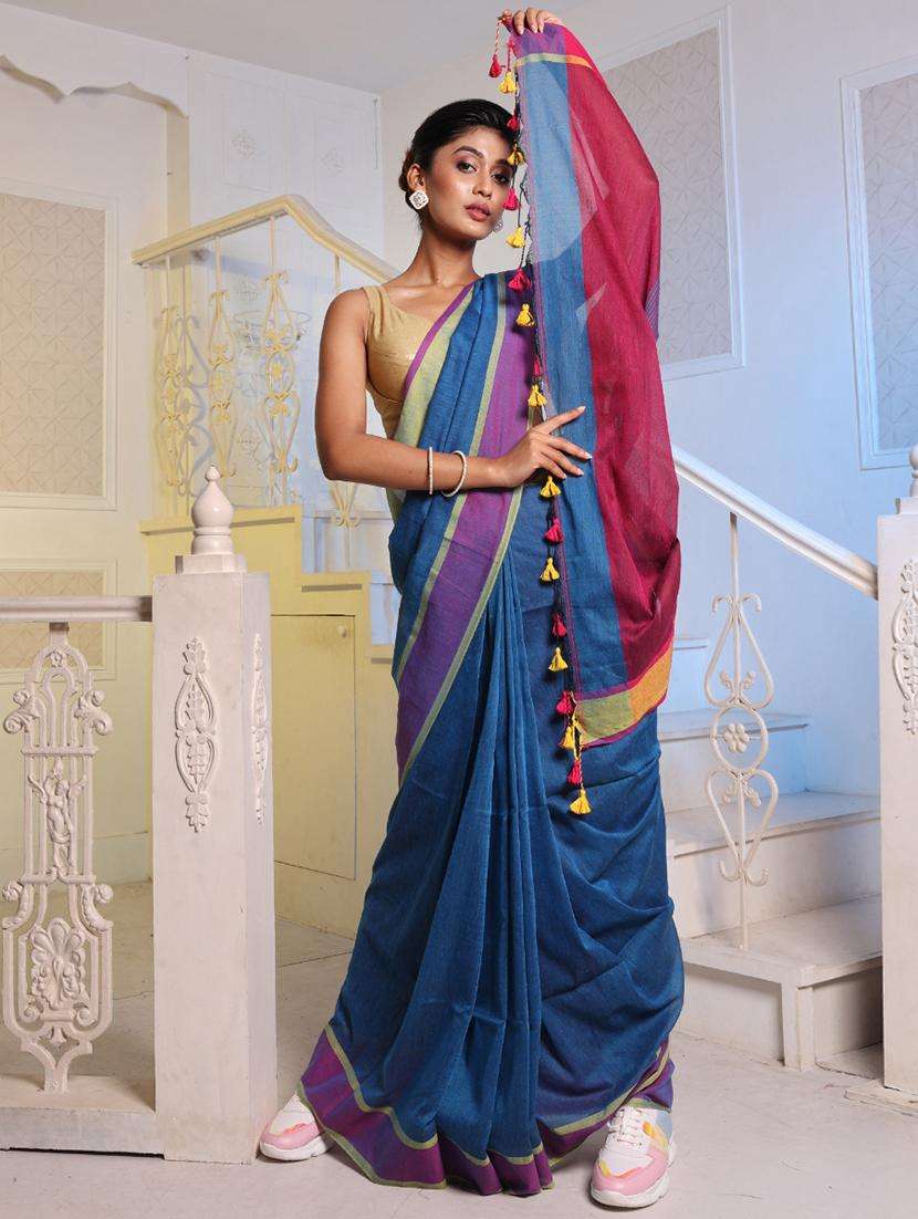 women blue handloom saree with blouse