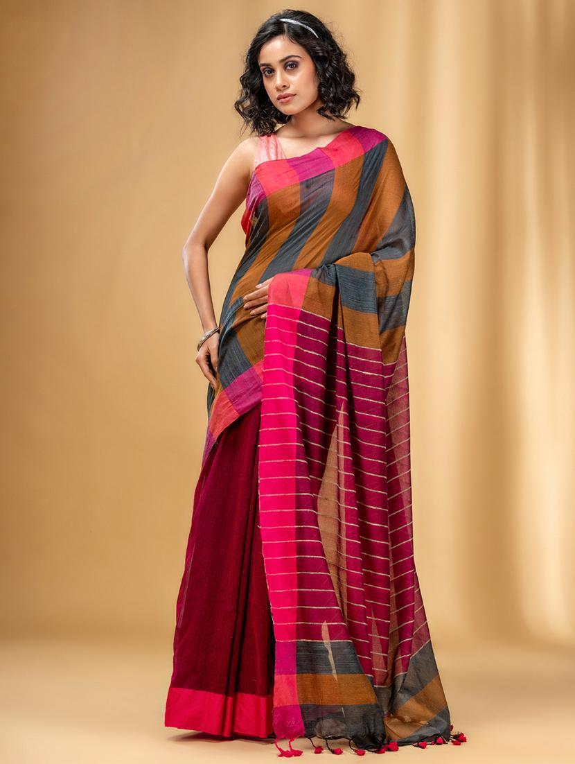 women striped handloom saree with blouse - 22043736 - Zoom Image - 0