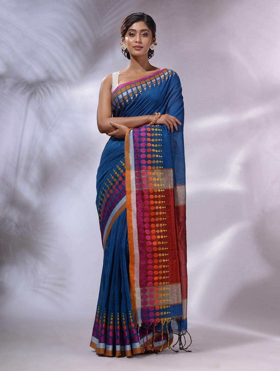 women blue handloom saree with blouse