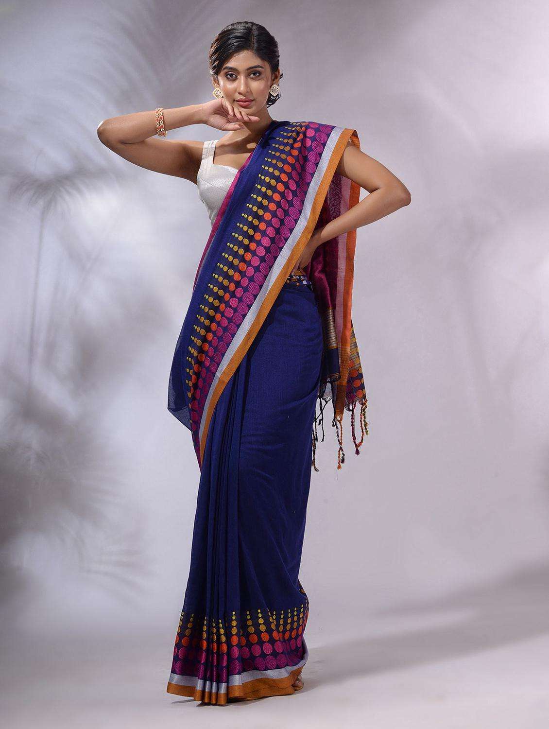 women blue handloom saree with blouse