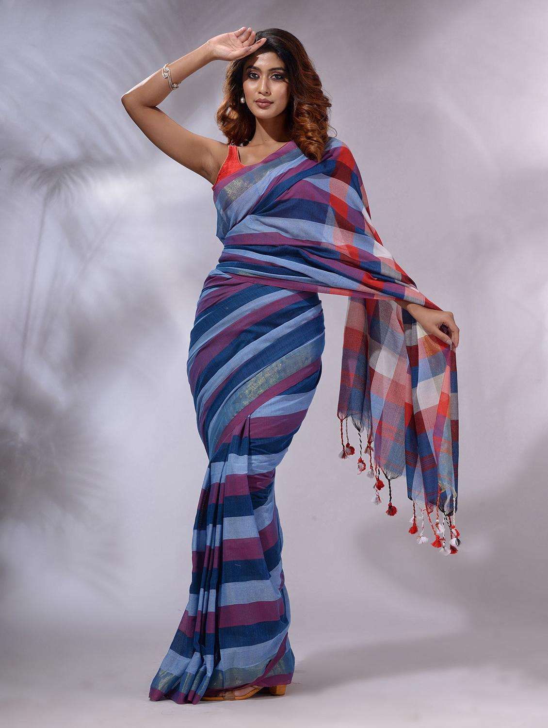 women striped handloom saree with blouse