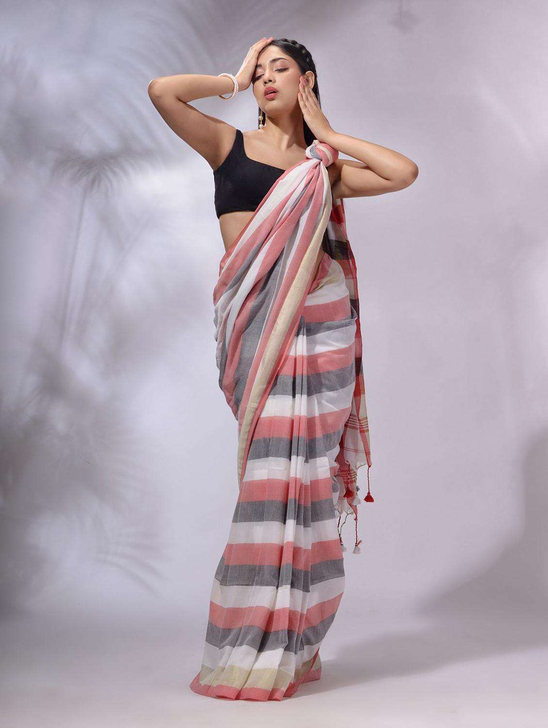 women striped handloom saree with blouse