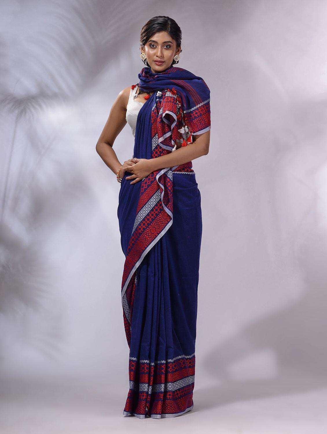 women blue handloom saree with blouse