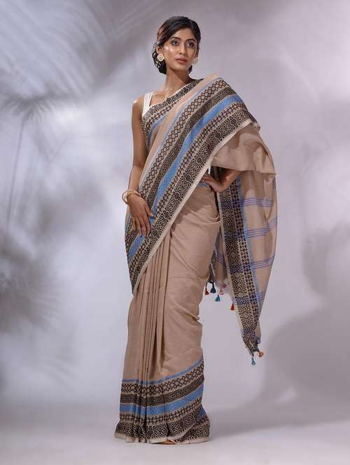 women beige handloom saree with blouse - 22043829 -  Standard Image - 0
