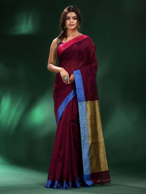 women burgundy handloom saree with blouse - 22043837 -  Standard Image - 0