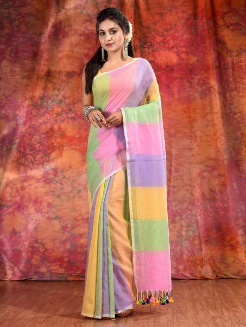 women color block handloom saree with blouse - 22043991 -  Standard Image - 0