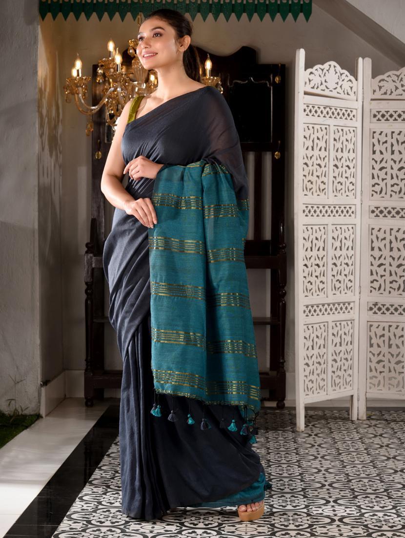 women solid handloom saree with blouse - 22044113 - Standard Image - 3