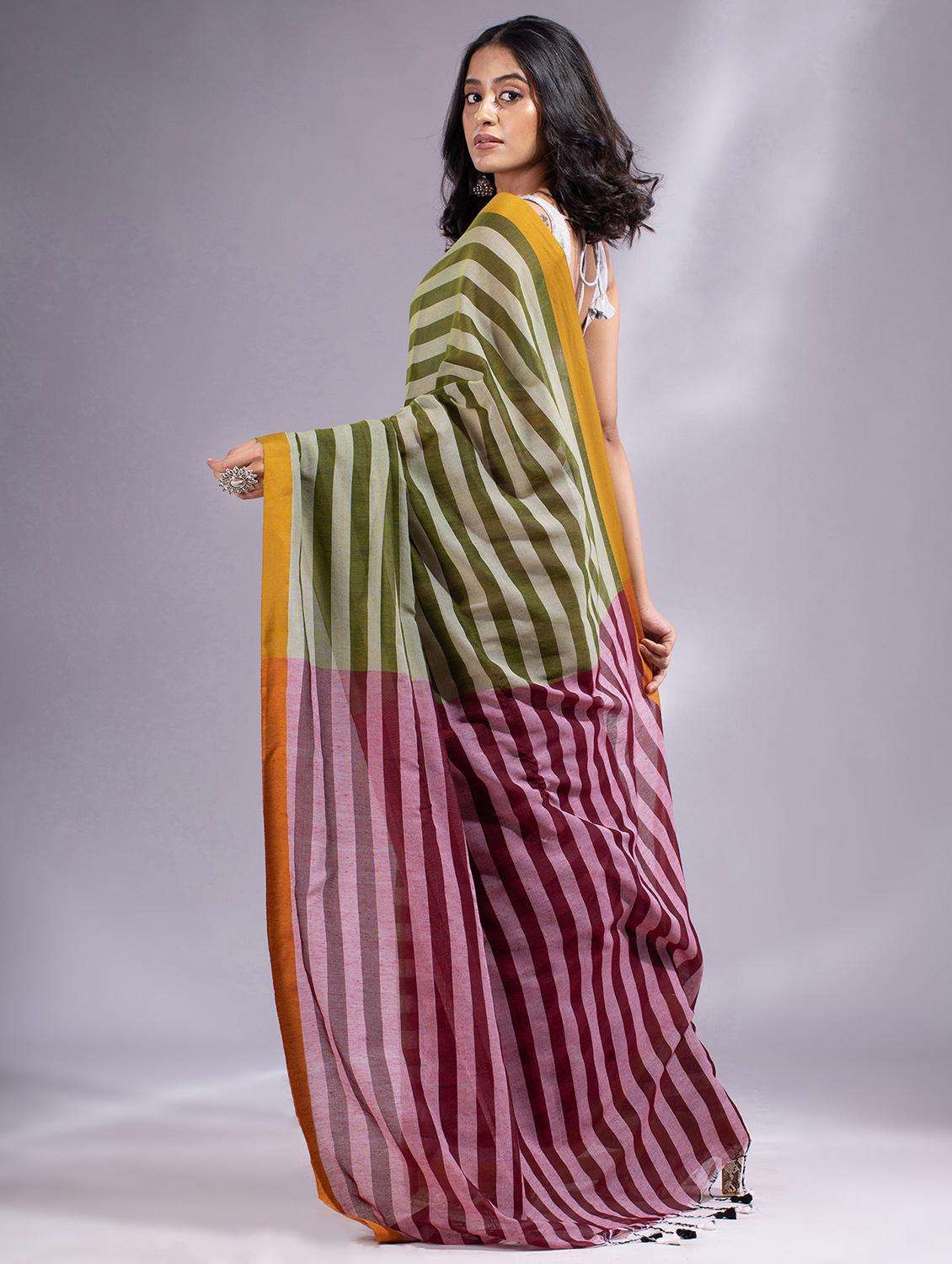 women striped handloom saree with blouse - 22045854 -  Standard Image - 3