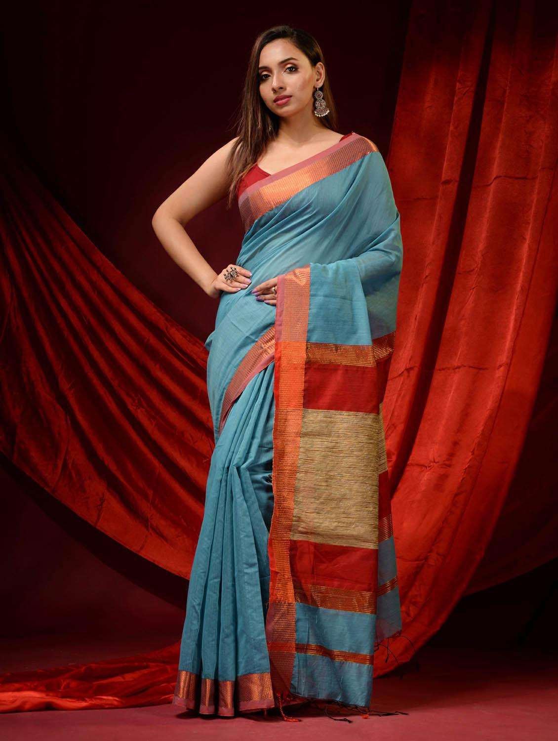 women solid with bordered saree with blouse
