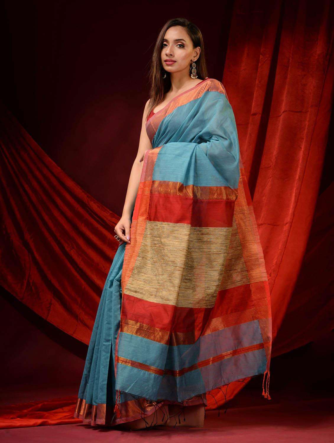 women solid with bordered saree with blouse - 22046029 -  Standard Image - 3