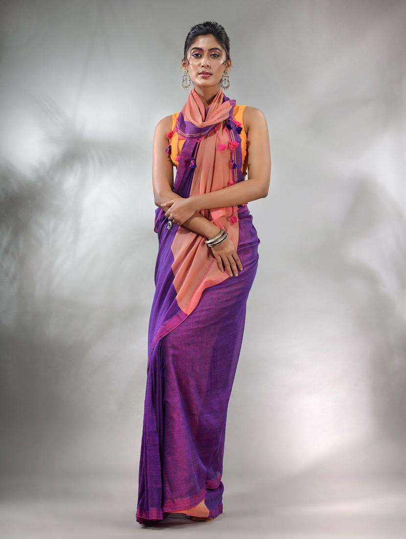 women solid handloom saree with blouse - 22046061 -  Standard Image - 3