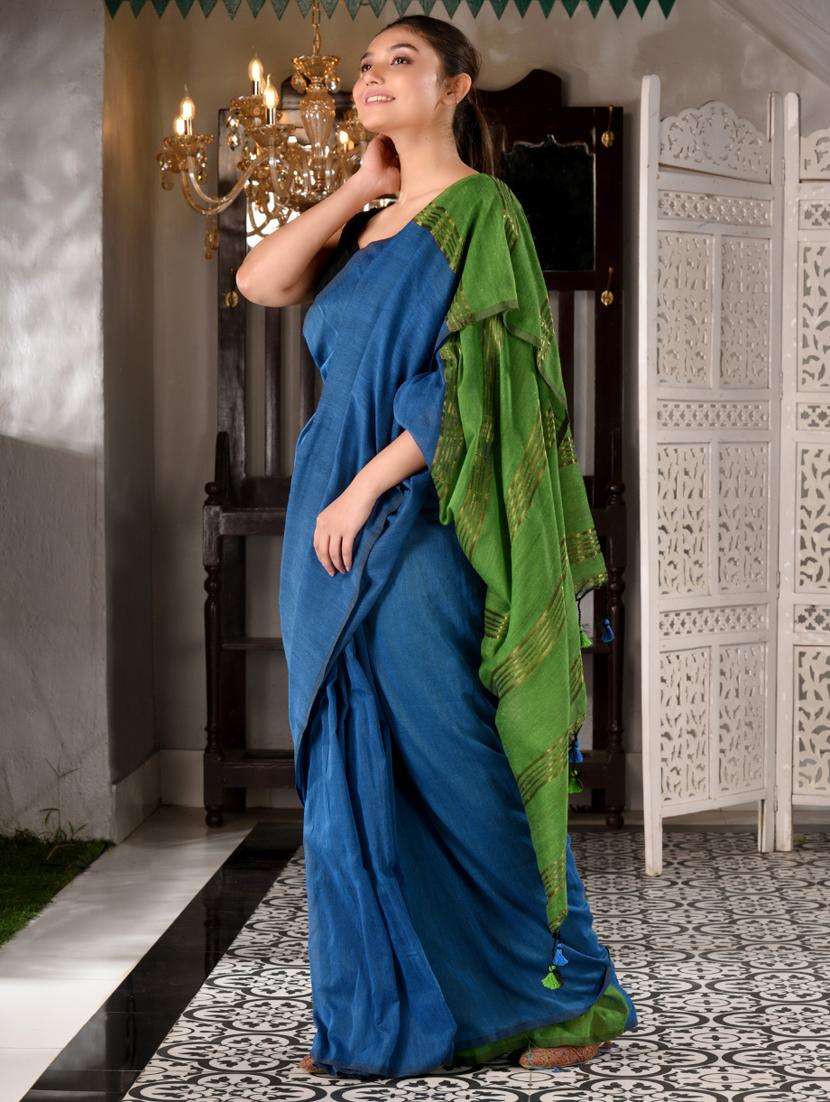 women solid handloom saree with blouse - 22046180 -  Standard Image - 3