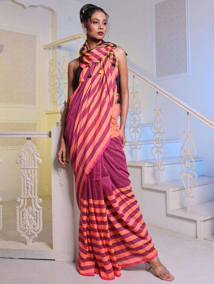 women striped handloom saree with blouse