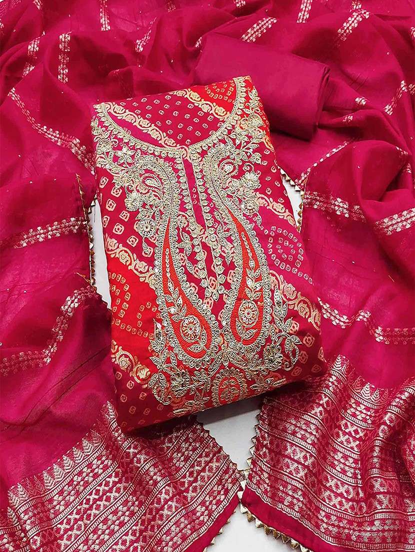 women bandhani embroidered unstitched suit set