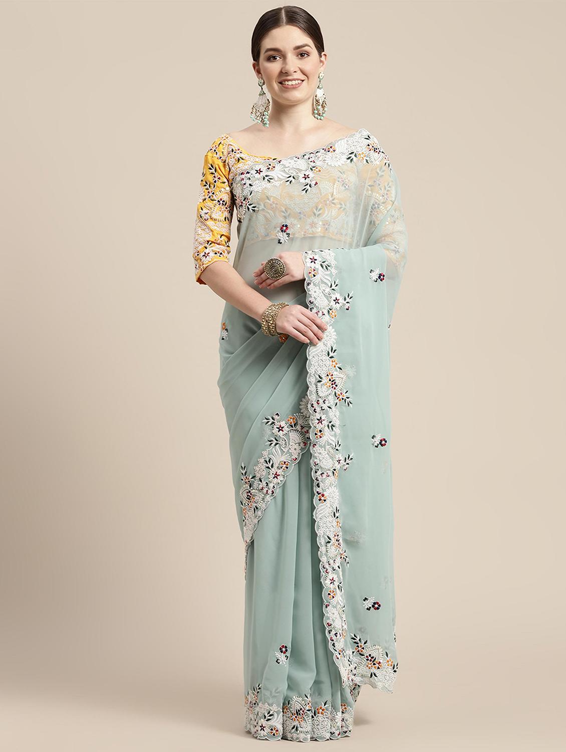 women solid with work embroidered saree with blouse - 22047901 - Zoom Image - 0