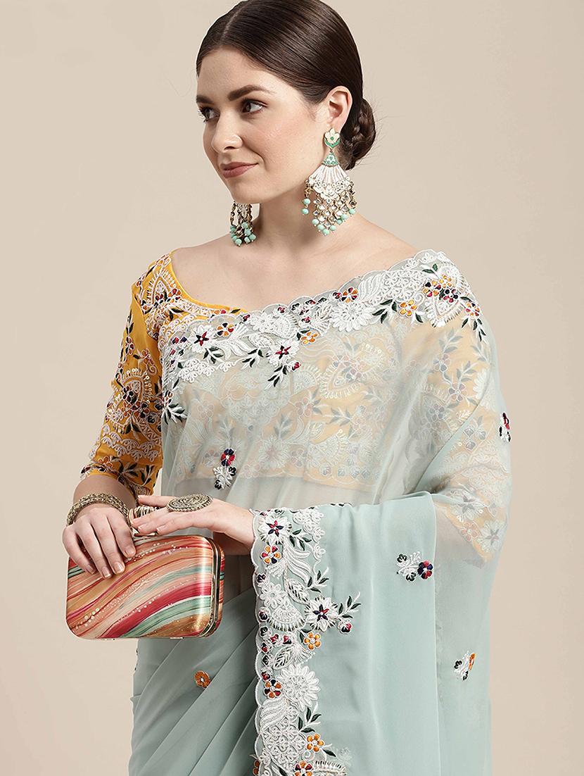 women solid with work embroidered saree with blouse - 22047901 - Standard Image - 3