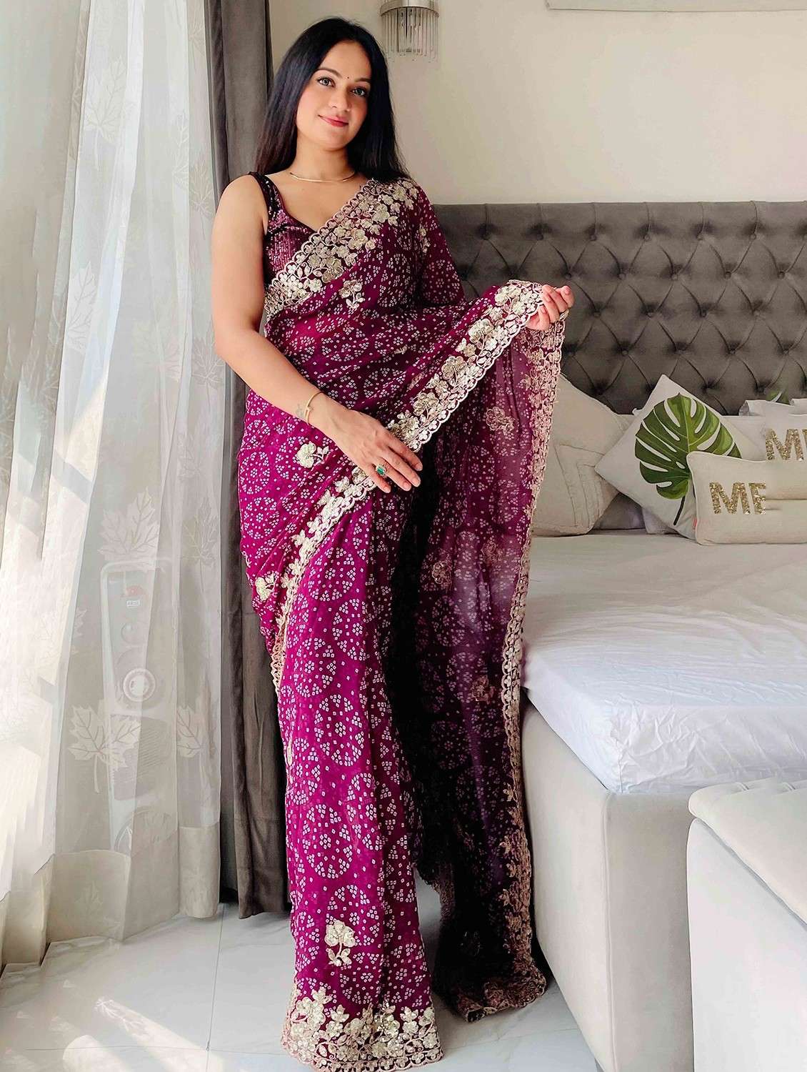 women bandhani printed bordered saree with blouse - 22047912 - Zoom Image - 0