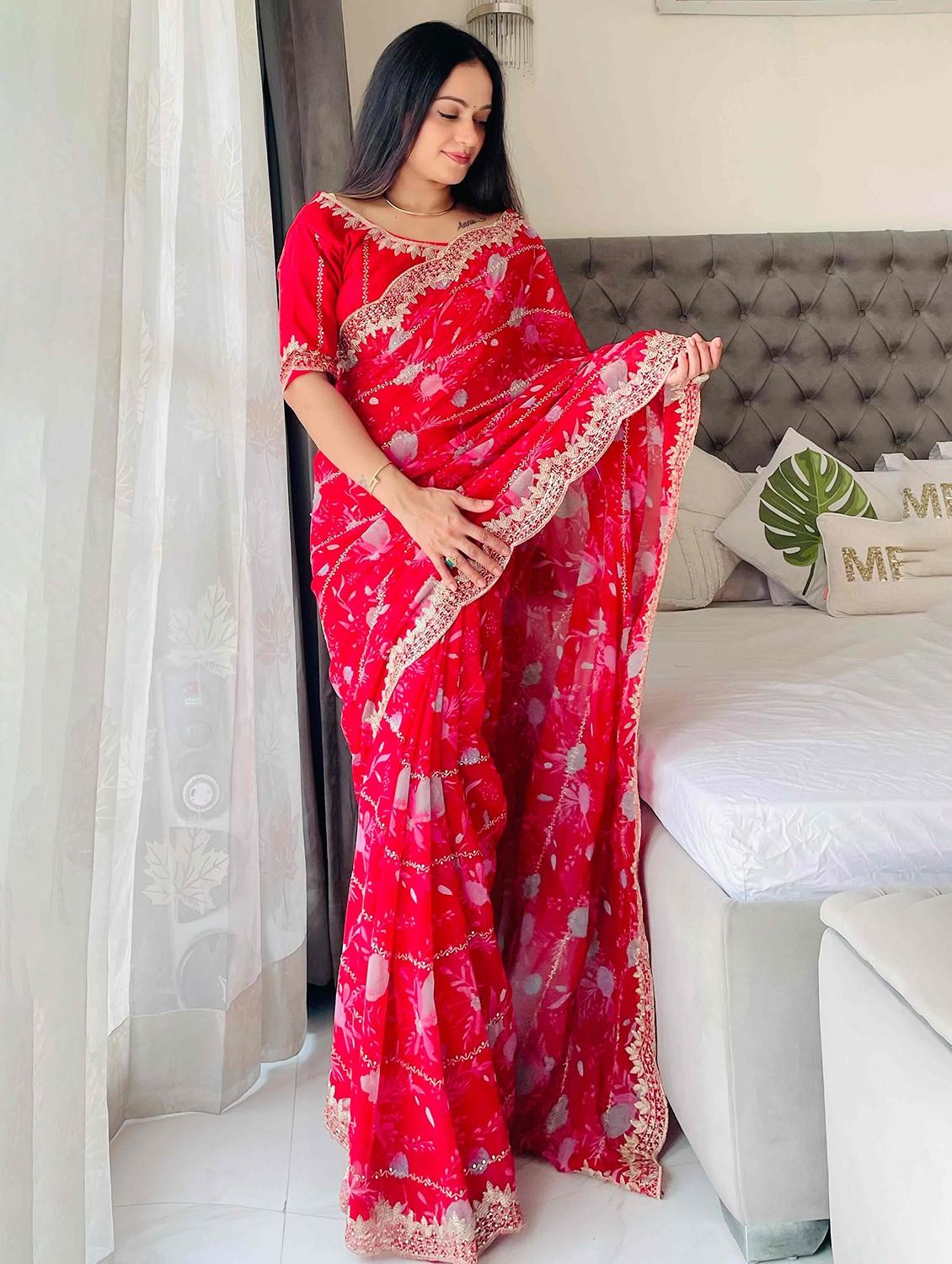 women floral printed embroidered saree with blouse - 22047913 - Zoom Image - 0