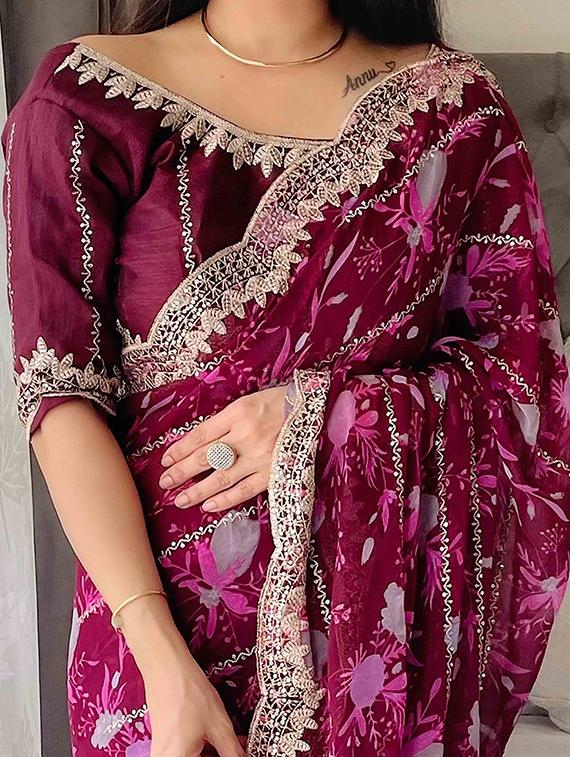 women floral printed embroidered saree with blouse - 22047914 - Standard Image - 3