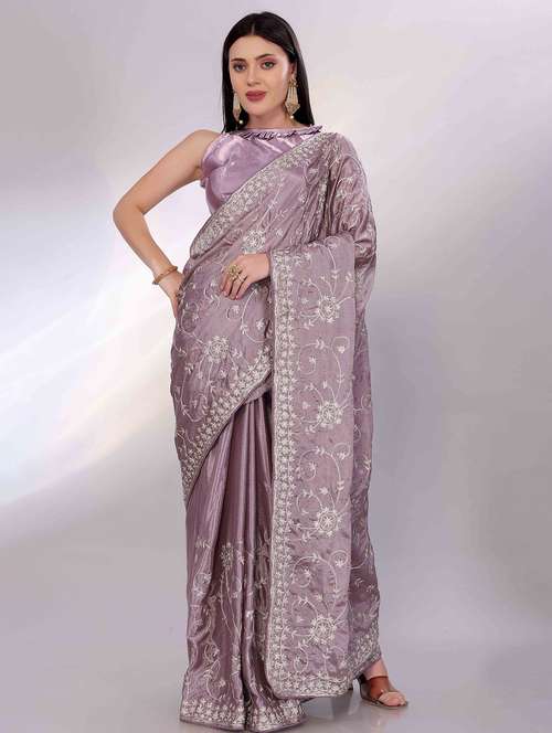 women solid with work embroidered saree with blouse - 22047916 -  Standard Image - 0