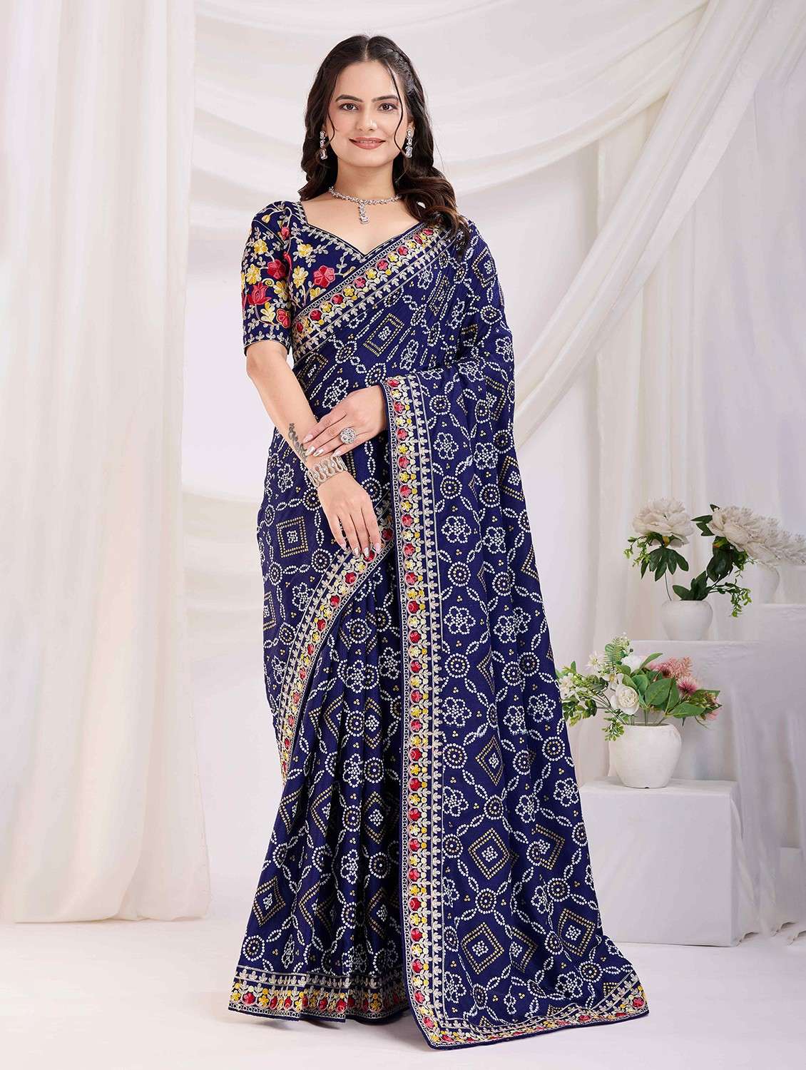 women bandhani printed bordered saree with blouse - 22047930 - Zoom Image - 0