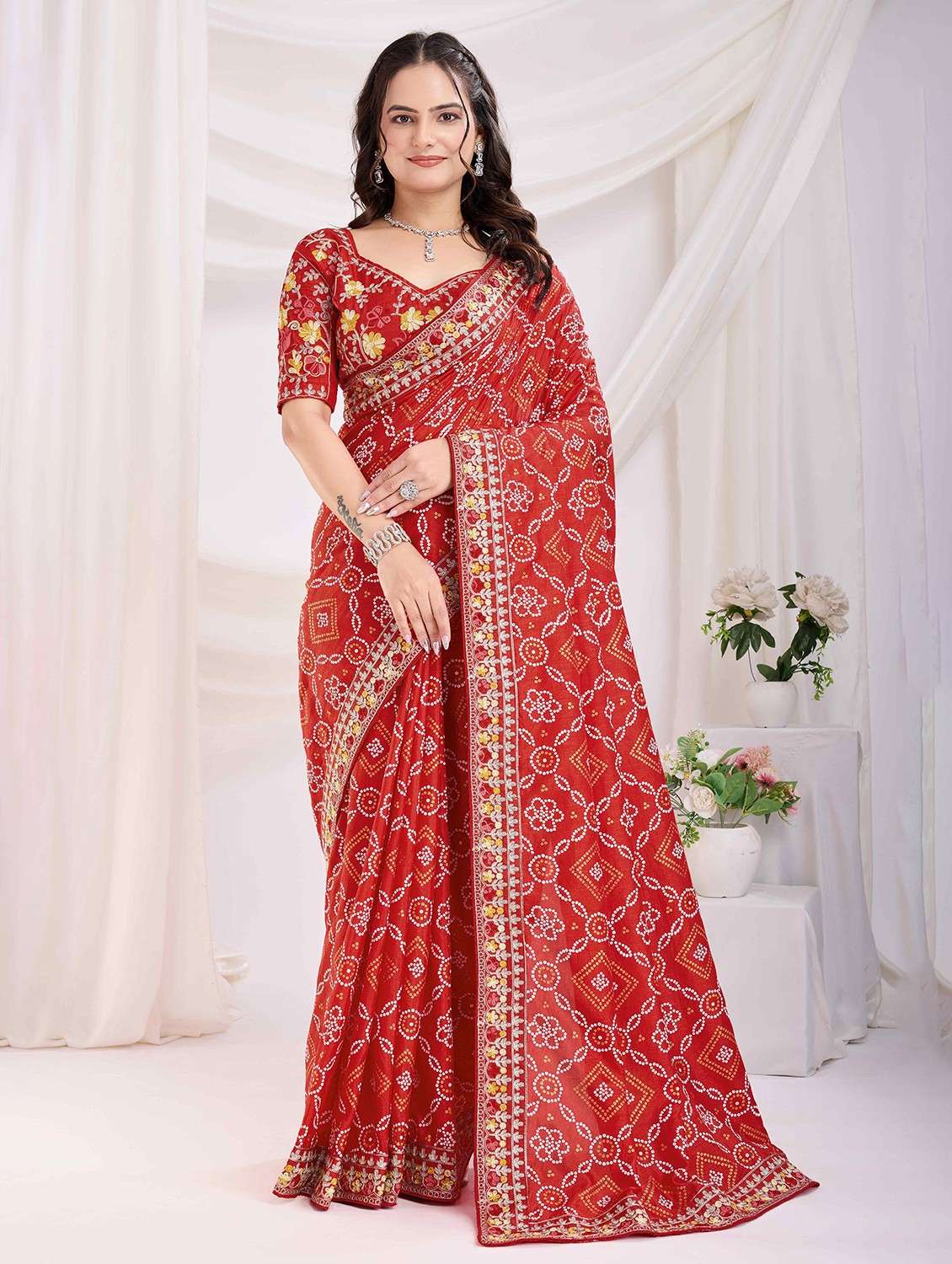 women bandhani printed bordered saree with blouse - 22047933 - Zoom Image - 0