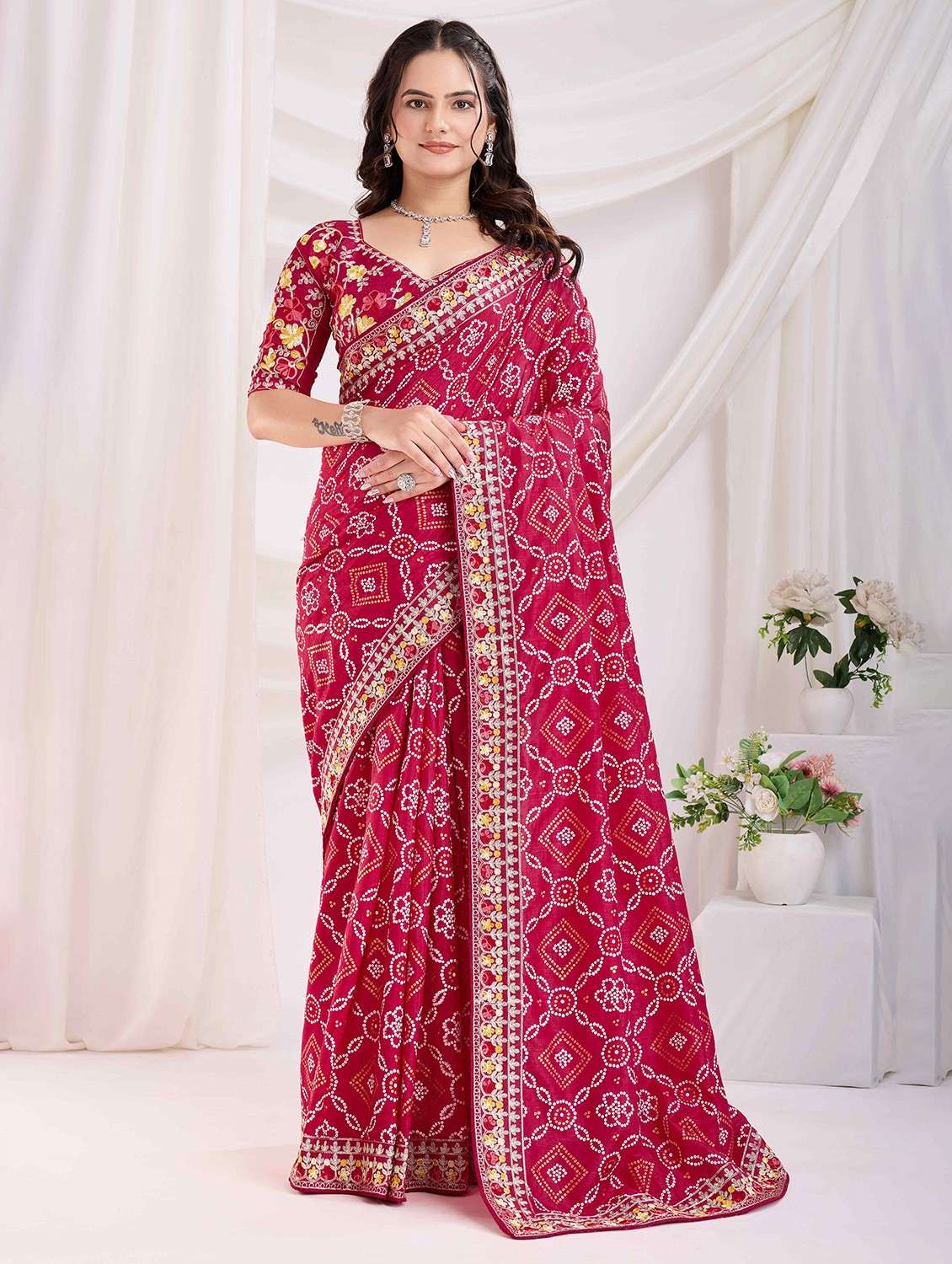 women bandhani printed bordered saree with blouse - 22047935 - Zoom Image - 0