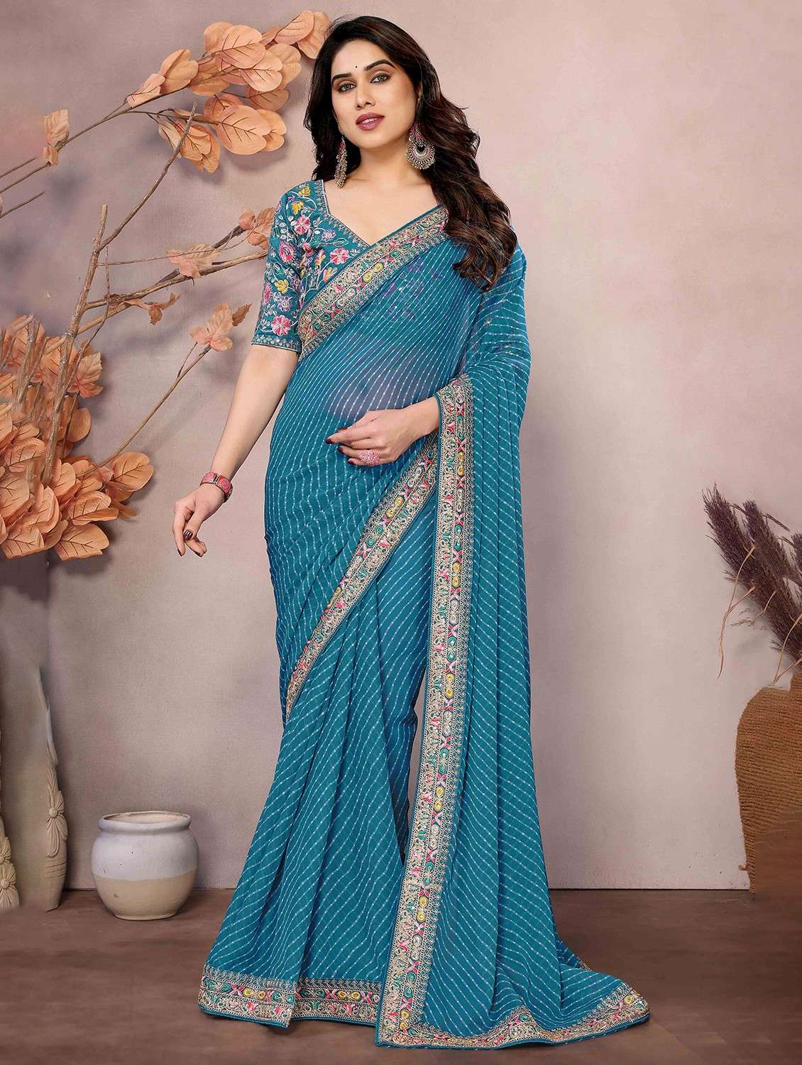 women leheriya printed bordered saree with blouse - 22047941 -  Zoom Image - 0