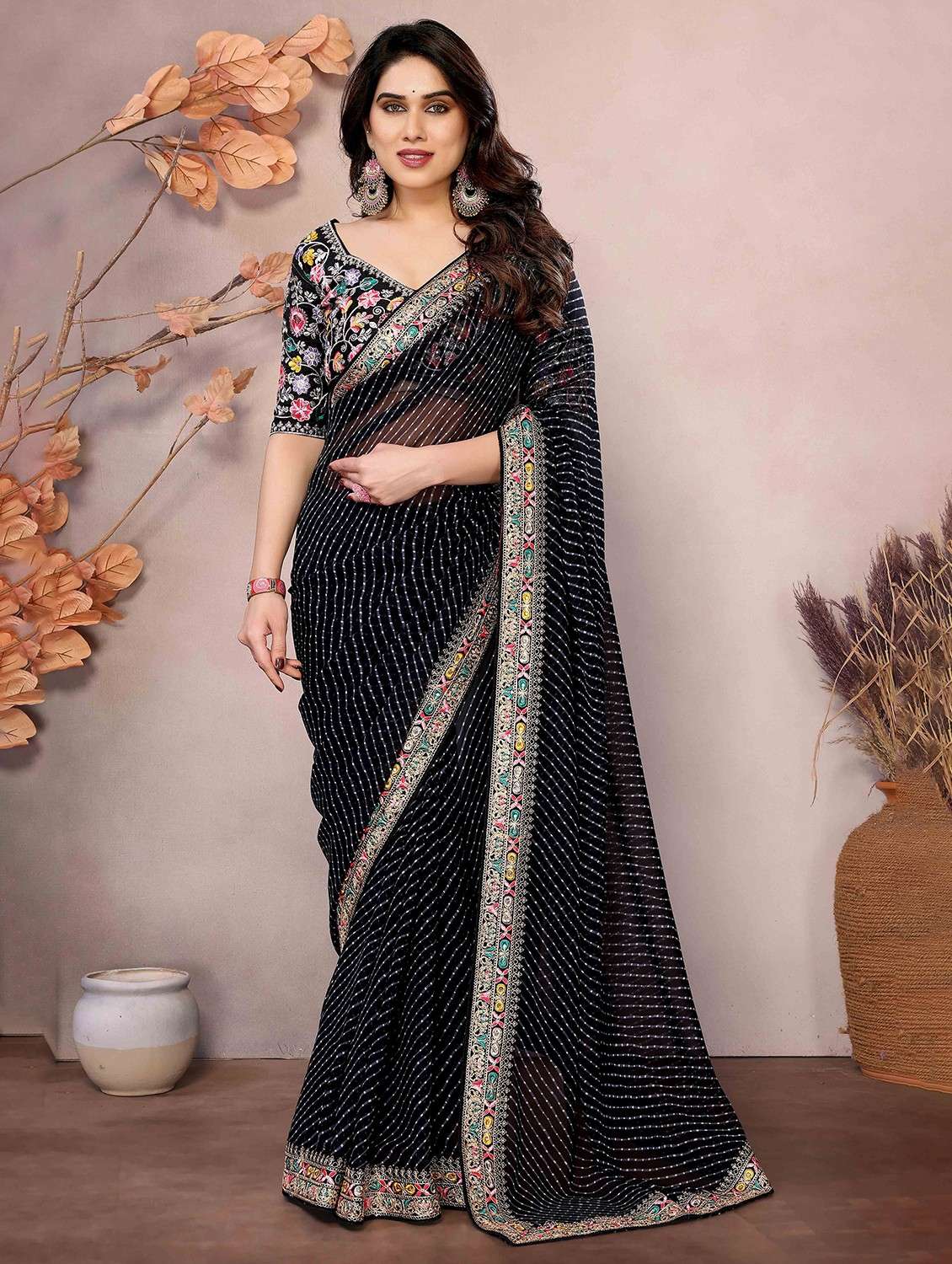 women leheriya printed bordered saree with blouse - 22047943 - Zoom Image - 0