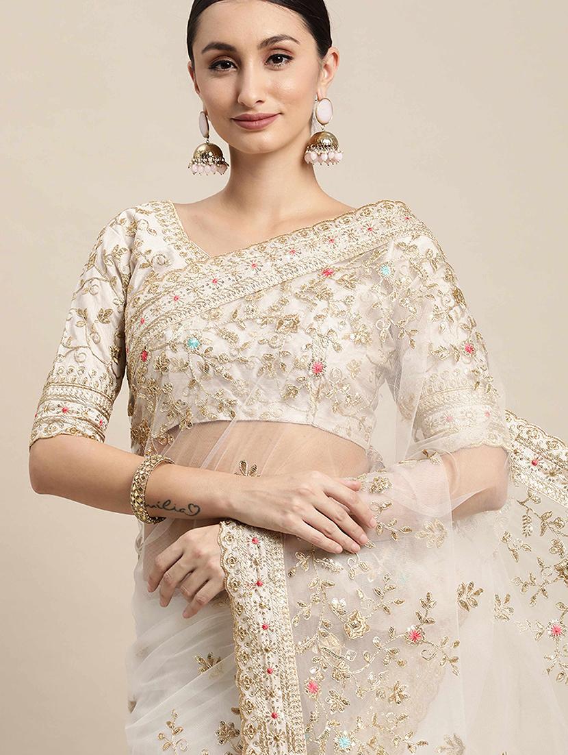 women solid with work embroidered saree with blouse - 22047955 - Standard Image - 3