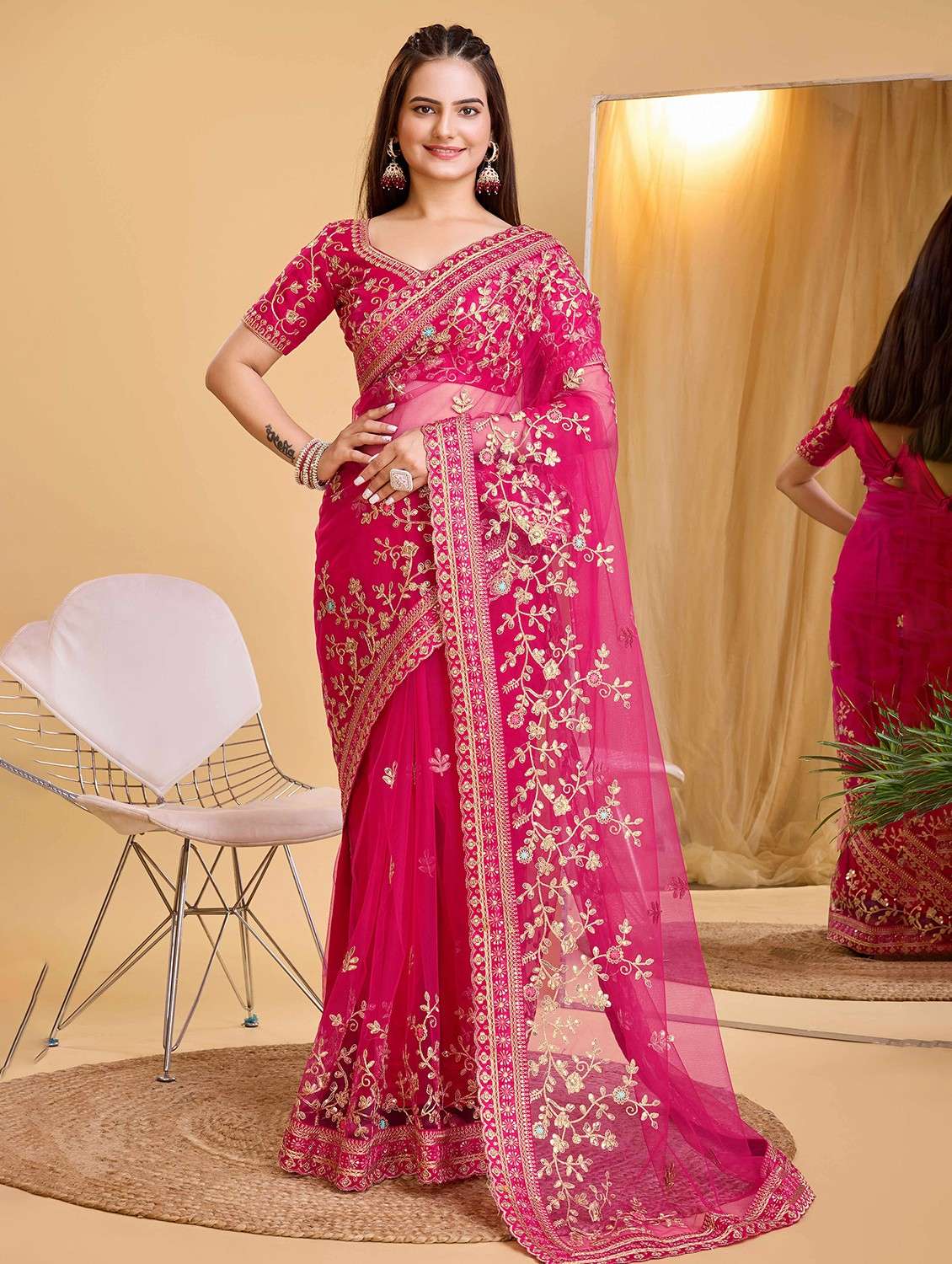 women solid with work embroidered saree with blouse