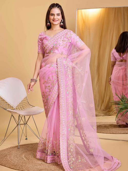women solid with work embroidered saree with blouse - 22047960 - Standard Image - 0